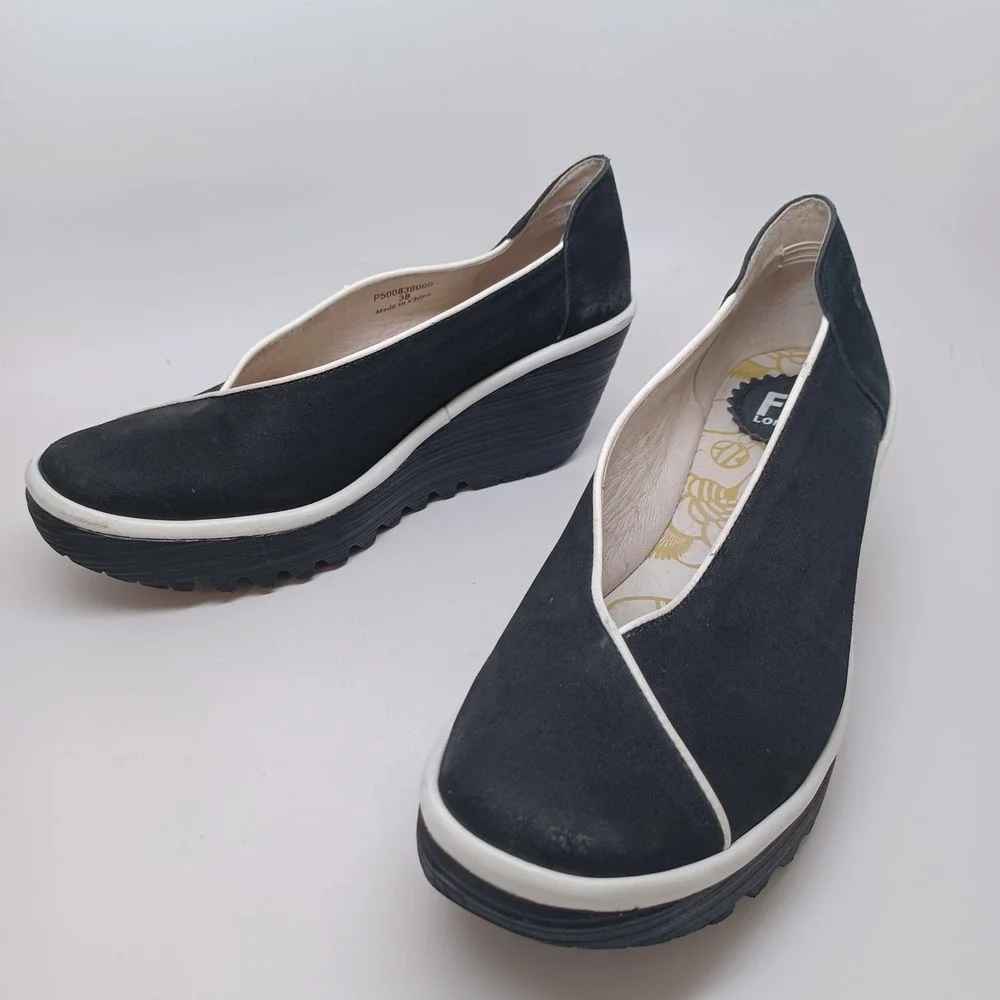 Fly London Black Nubuck Leather Asymmetrical Wedge Platform Pumps 38 or 7